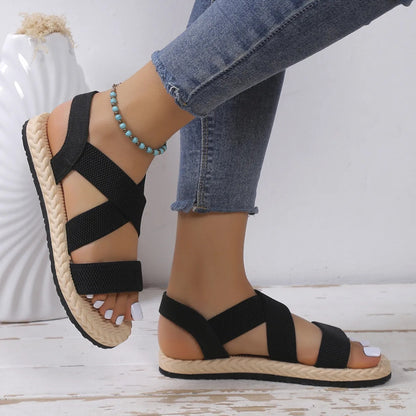 Flache Sandalen für Damen ⎜ Bequeme Sommerschuhe mit Kreuzriemen und Flexibler Bastsohle