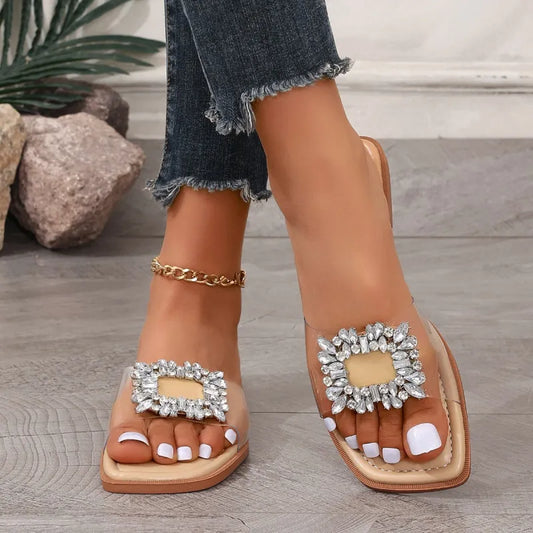 Schlichte Flache Sandalen für Damen ⎜ Transparente Sommerschuhe mit Strass-Applikationen und Elegantem Design