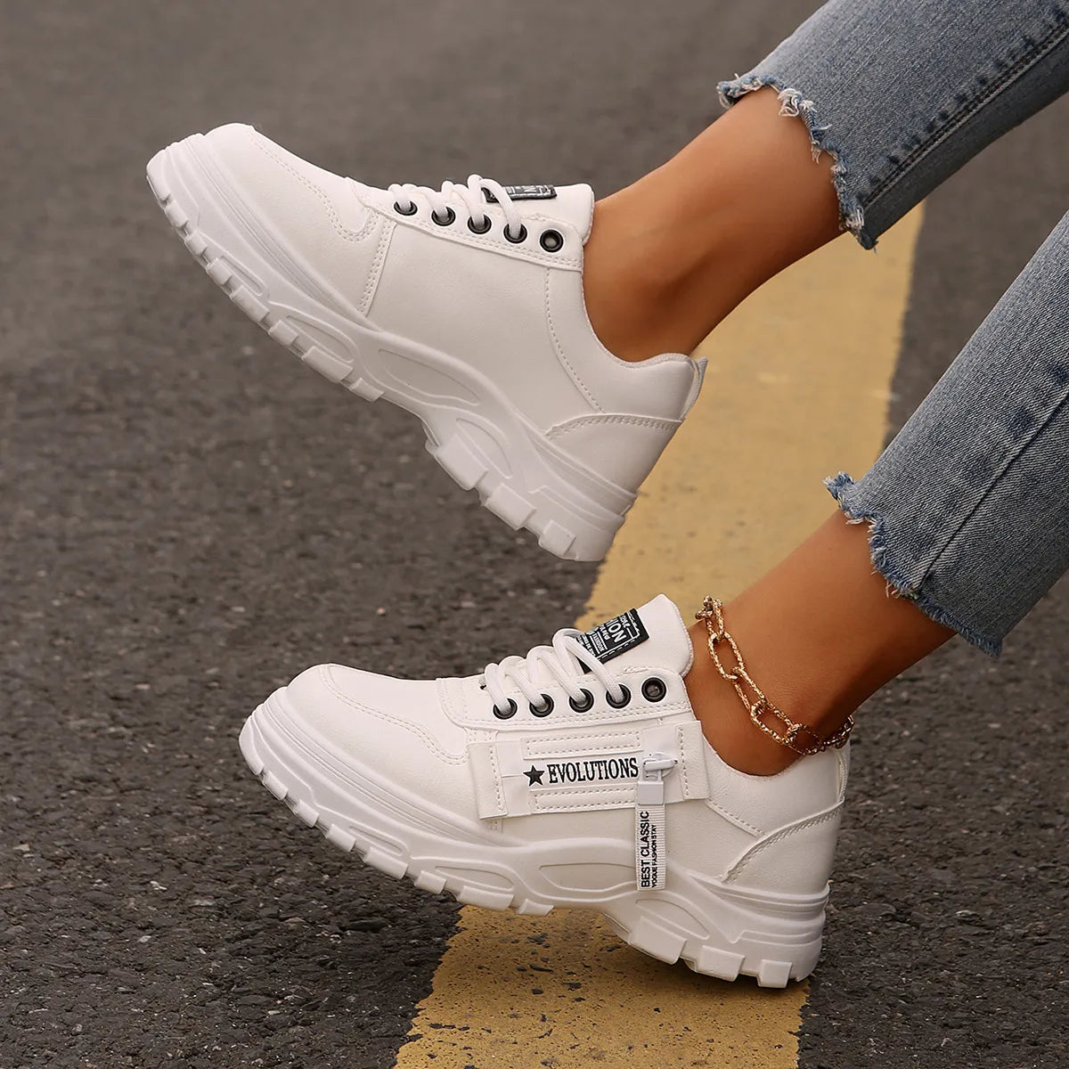 Damen Sneakers ⎜ Bequeme Schnürschuhe mit seitlichem Reißverschluss und dickem Sohlenprofil für den Alltag