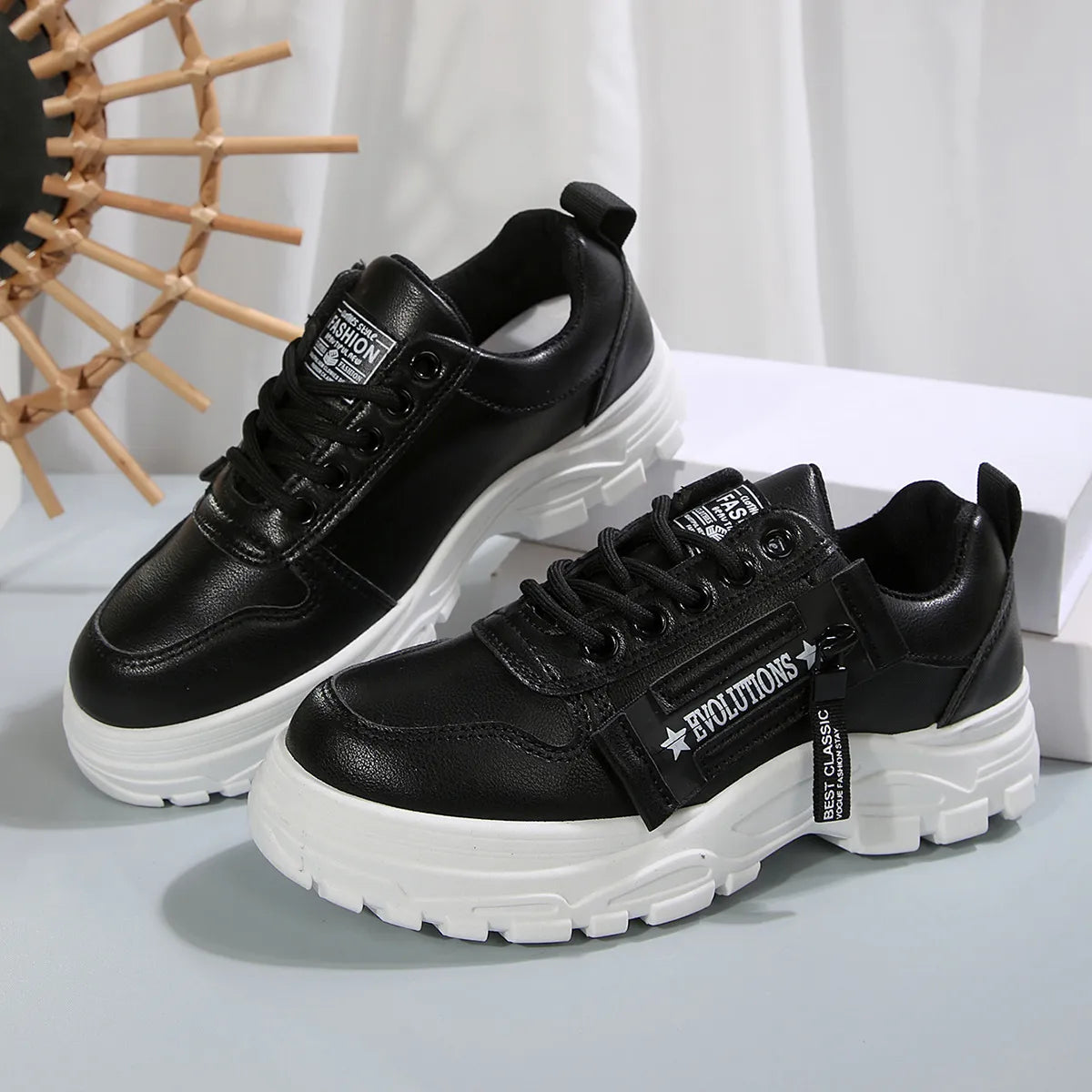 Damen Sneakers ⎜ Bequeme Schnürschuhe mit seitlichem Reißverschluss und dickem Sohlenprofil für den Alltag