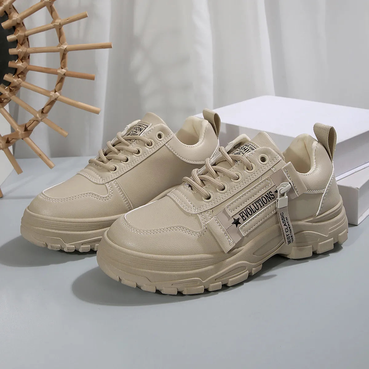 Damen Sneakers ⎜ Bequeme Schnürschuhe mit seitlichem Reißverschluss und dickem Sohlenprofil für den Alltag