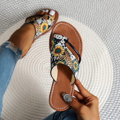 Zehentrenner-Sandalen für Damen ⎜ Atmungsaktive Sommerschuhe mit Buntem Print und Bequemer Laufsohle