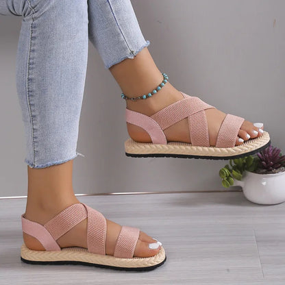 Flache Sandalen für Damen ⎜ Bequeme Sommerschuhe mit Kreuzriemen und Flexibler Bastsohle