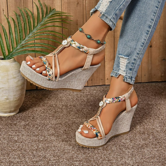 Damen Wedge Sandalen ⎜ Bequeme Schuhe mit Rattan-Optik und funkelnden Strasssteinen