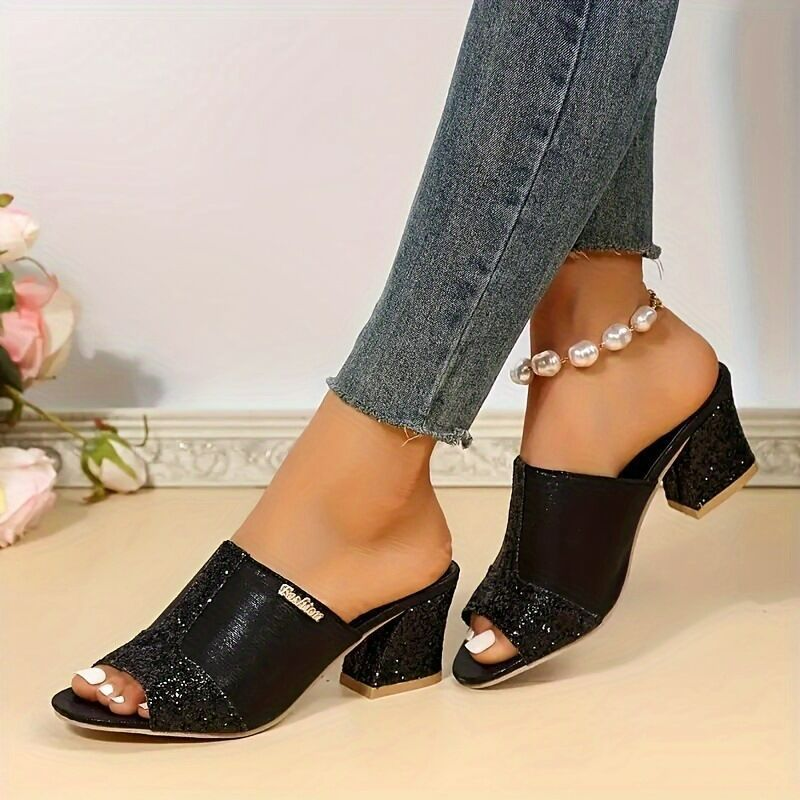 Damen Mules mit Blockabsatz ⎜ Modische Sandalen mit Glitzer-Details und offenem Zehenbereich