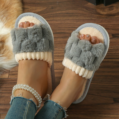 Damen Plüsch Slippers mit Schleifen-Design ⎜ Bequeme Hausschuhe für drinnen mit weichem Futter