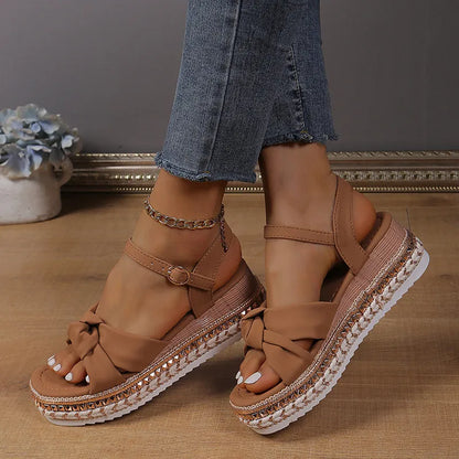 Damen Plateau-Sandalen ⎜ Bequeme Sommerschuhe mit Schleife und Verstellbarem Riemen für Alltag & Urlaub