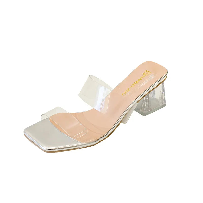 Damen Slip-on Sandalen ⎜ Elegante Sommerschuhe mit Transparentem Blockabsatz und Breiten Riemen