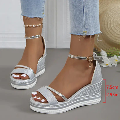 Damen Keilabsatz Sandalen ⎜ Elegante Sommerschuhe mit Glitzerriemen und Verstellbarem Knöchelriemen