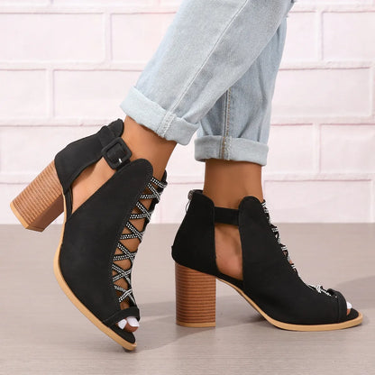 Damen High Heel Sandalen ⎜ Elegante Sommerschuhe mit Blockabsatz und Modischer Schnürung für Alltag & Events