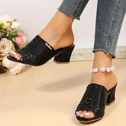 Damen Mules mit Blockabsatz ⎜ Modische Sandalen mit Glitzer-Details und offenem Zehenbereich