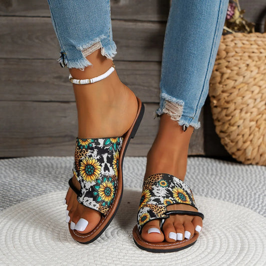 Zehentrenner-Sandalen für Damen ⎜ Atmungsaktive Sommerschuhe mit Buntem Print und Bequemer Laufsohle