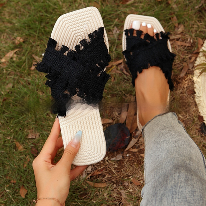 Strandsandalen für Damen ⎜ Bequeme Sommerschuhe mit Fransen und rutschfester EVA-Sohle
