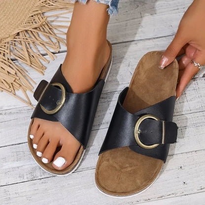 Flache Damen Slipper ⎜ Bequeme Schuhe mit Schnalle und Stilvollem Design für Sommer und Alltag