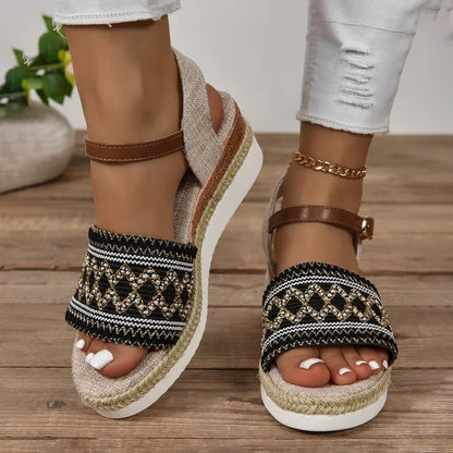 Damen Keilsandaletten mit Knöchelriemen ⎜ Bequeme Sommerschuhe mit Flacher Sohle für Alltag und Große Größen