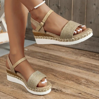 Keilsandalen für Damen ⎜ Sommerliche Schuhe mit Juteseil-Design Verstellbarem Riemen und Bequemer Sohle