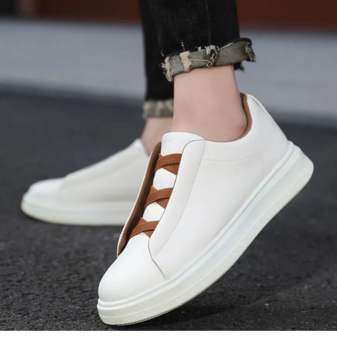 Herren Sneaker ⎜ Atmungsaktive Leder-Schuhe mit Elastischen Schnürsenkeln für Bequemen Tragekomfort