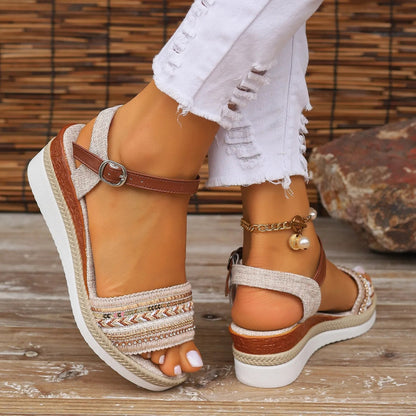 Plateausandalen für Damen ⎜ Sommerliche Keilschuhe mit Jutekante und Weicher Rutschfester Sohlendämpfung