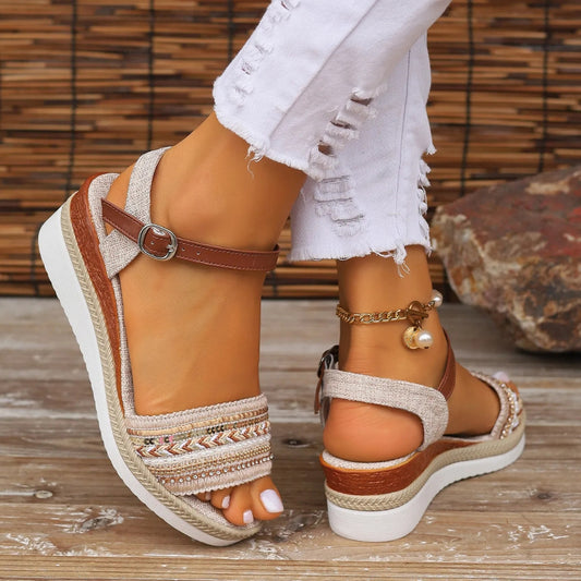 Plateausandalen für Damen ⎜ Sommerliche Keilschuhe mit Jutekante und Weicher Rutschfester Sohlendämpfung