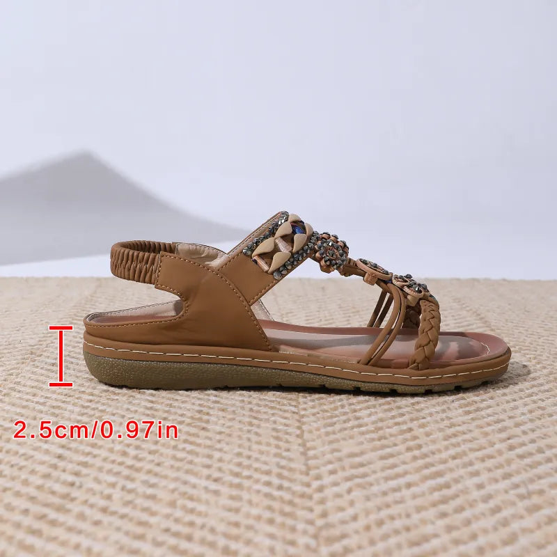 Boho Sandalen für Damen ⎜ Bequeme Sommerschuhe mit Perlen, Strass und elastischem Riemen in Komfortgröße