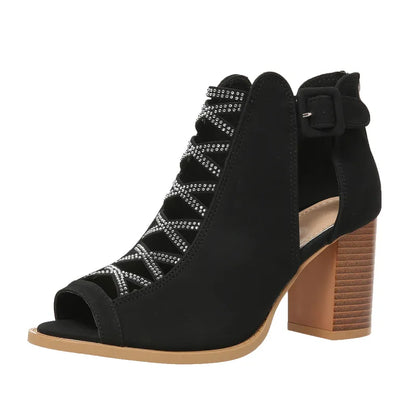 Damen High Heel Sandalen ⎜ Elegante Sommerschuhe mit Blockabsatz und Modischer Schnürung für Alltag & Events