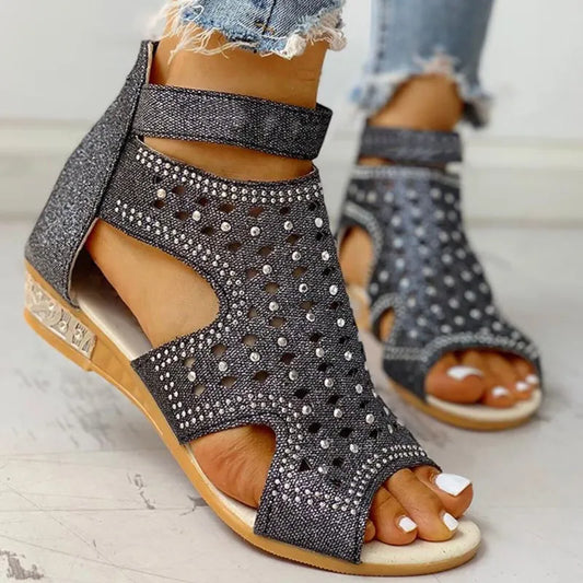 Damen Keilsandaletten ⎜ Bequeme Sommerschuhe mit Strass, Cut-out Design und Verstellbarer Schnalle