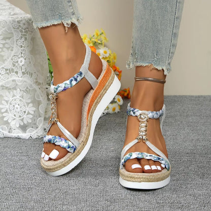Damen Wedges mit geflochtenem Riemen ⎜ Komfortable Sandalen mit Perlen-Details und modischer Sohle