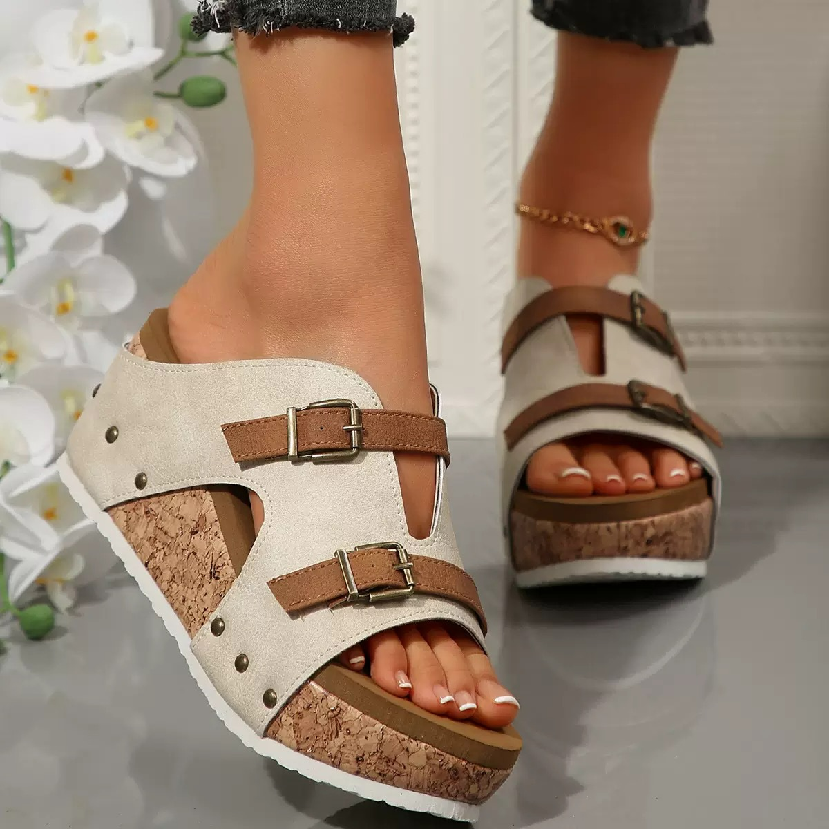 Damen Wedge Sandalen ⎜ Bequeme Schuhe mit Schnallenverschluss und modischer Korksohle