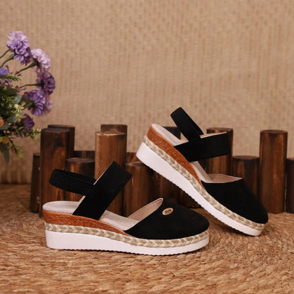 Damen Wedges mit elastischem Band ⎜ Bequeme Espadrilles mit Jute-Rohr-Details und geschlossenem Zehenbereich