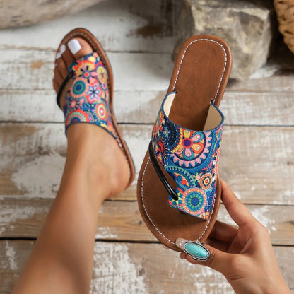 Zehentrenner-Sandalen für Damen ⎜ Atmungsaktive Sommerschuhe mit Buntem Print und Bequemer Laufsohle