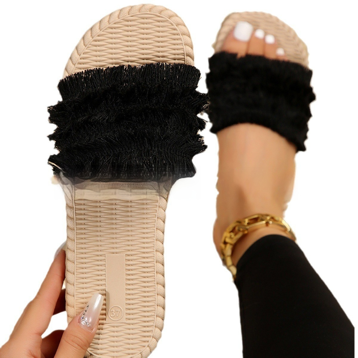 Strandsandalen für Damen ⎜ Bequeme Sommerschuhe mit Fransen und rutschfester EVA-Sohle