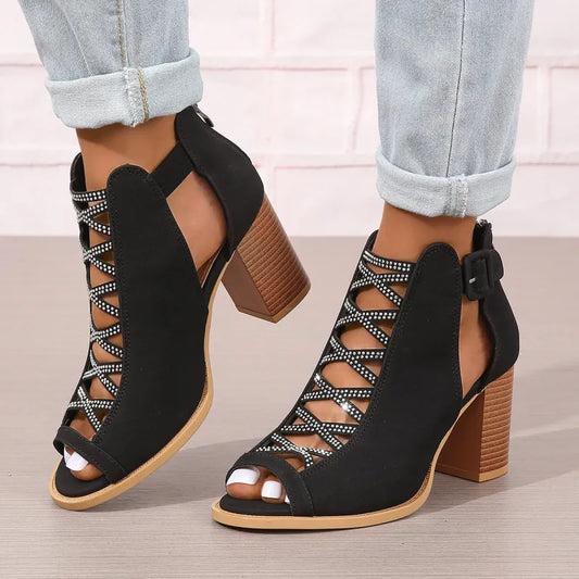 Damen High Heel Sandalen ⎜ Elegante Sommerschuhe mit Blockabsatz und Modischer Schnürung für Alltag & Events