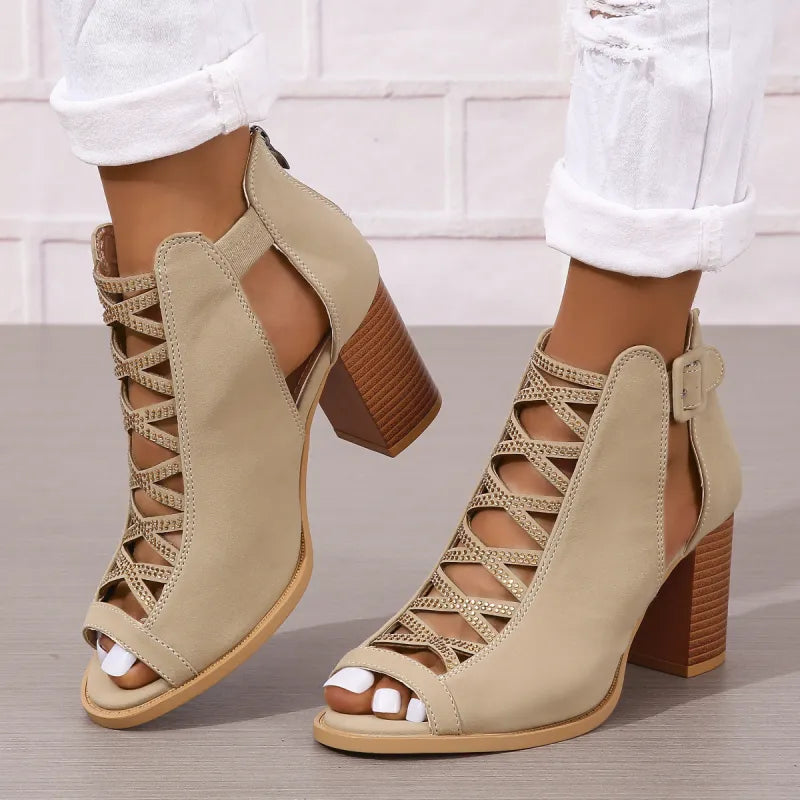 Damen High Heel Sandalen ⎜ Elegante Sommerschuhe mit Blockabsatz und Modischer Schnürung für Alltag & Events