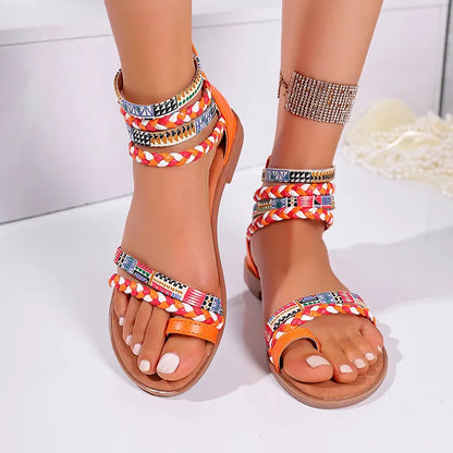 Flache Sandalen für Damen ⎜ Ethnischer Stil mit bunten Flechtriemen und Reißverschluss