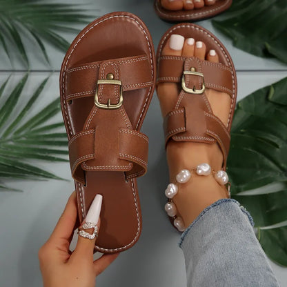 Flache Sandalen für Damen ⎜ Bequeme Schuhe mit quadratischer Schnalle und anpassbarem Riemen