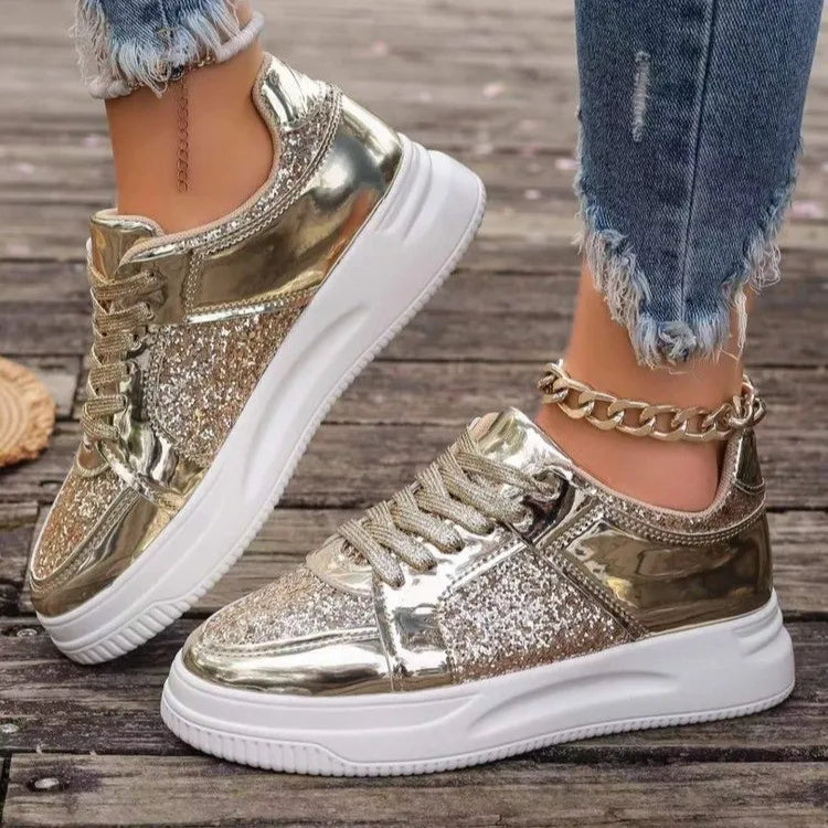Damen Sneakers ⎜ Glänzende Schnürschuhe mit Glitzereffekt und dickem Sohlenprofil für den Alltag