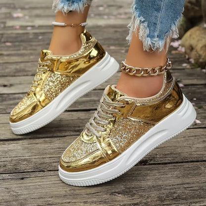 Damen Sneakers ⎜ Glänzende Schnürschuhe mit Glitzereffekt und dickem Sohlenprofil für den Alltag
