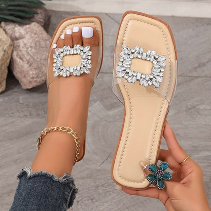 Schlichte Flache Sandalen für Damen ⎜ Transparente Sommerschuhe mit Strass-Applikationen und Elegantem Design