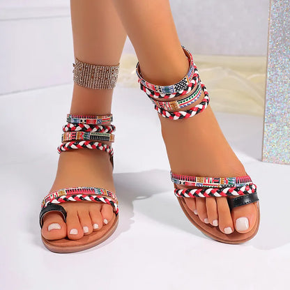 Flache Sandalen für Damen ⎜ Ethnischer Stil mit bunten Flechtriemen und Reißverschluss