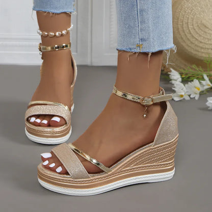 Damen Keilabsatz Sandalen ⎜ Elegante Sommerschuhe mit Glitzerriemen und Verstellbarem Knöchelriemen