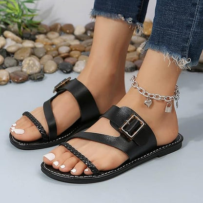 Damen Flache Slipper ⎜ Bequeme Sommerschuhe mit Geflochtenem Riemen und Verstellbarer Schnalle