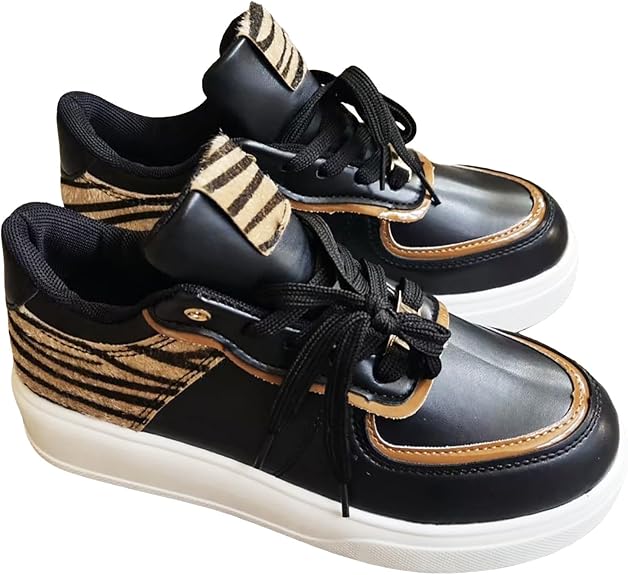 Damen Sneakers ⎜ Modische Schnürschuhe mit Leopardenmuster und dickem Sohlenprofil für den Alltag