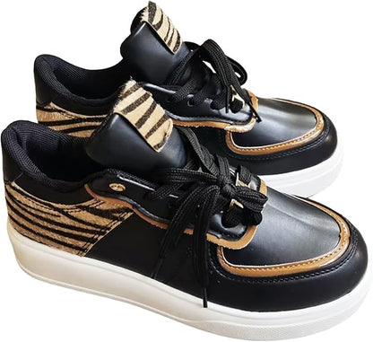 Damen Sneakers ⎜ Modische Schnürschuhe mit Leopardenmuster und dickem Sohlenprofil für den Alltag