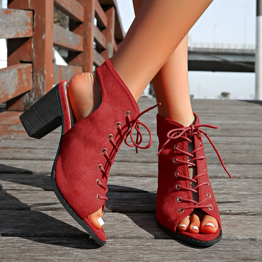Damen Schnürsandalen mit Blockabsatz ⎜ Modische Sommerschuhe mit offener Spitze und bequemer Passform