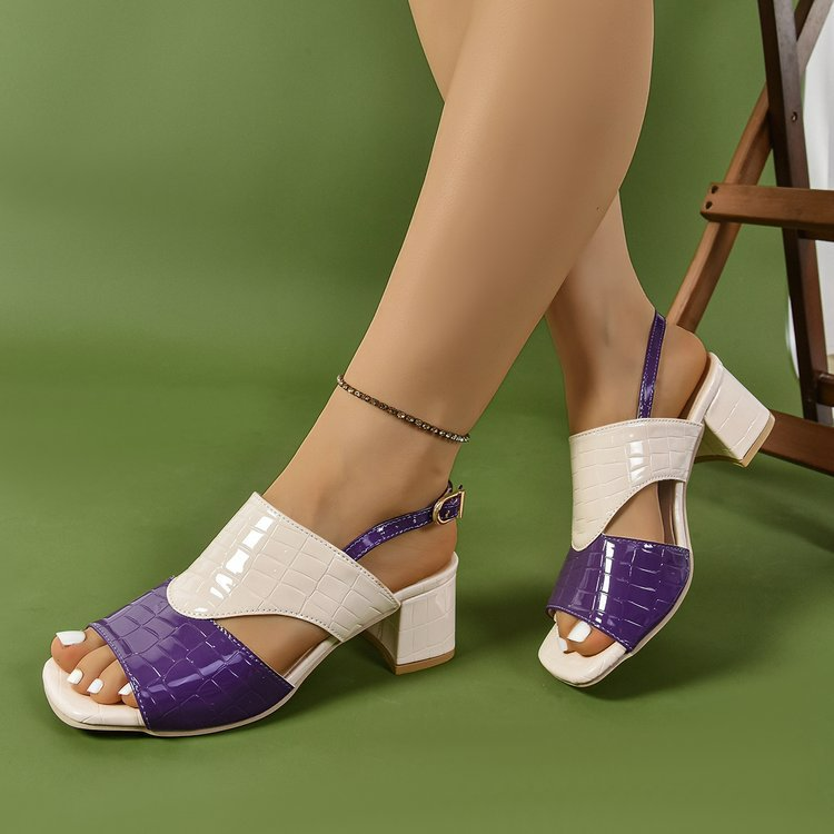 Damen Sandalen mit Blockabsatz ⎜ Modische Schuhe mit verstellbarem Riemen und Croco-Optik