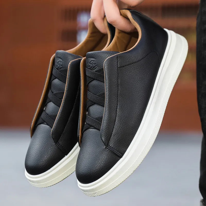 Herren Sneaker ⎜ Atmungsaktive Leder-Schuhe mit Elastischen Schnürsenkeln für Bequemen Tragekomfort