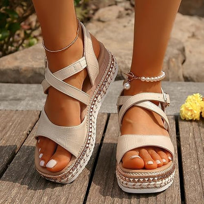 Damen Plateausandalen ⎜ Bequeme Sommerschuhe mit Verstellbarem Riemen und Stylischer Bastsohle