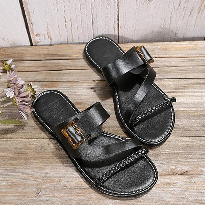 Damen Flache Slipper ⎜ Bequeme Sommerschuhe mit Geflochtenem Riemen und Verstellbarer Schnalle