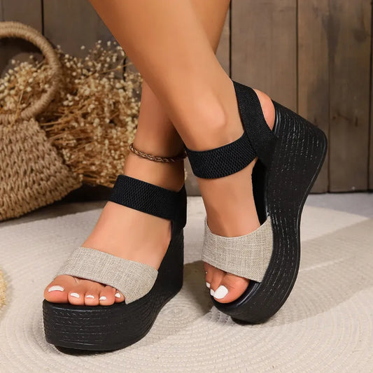 Damen Plateau Sandalen ⎜ Bequeme Sommerschuhe mit Elastischen Riemen und Hohem Keilabsatz