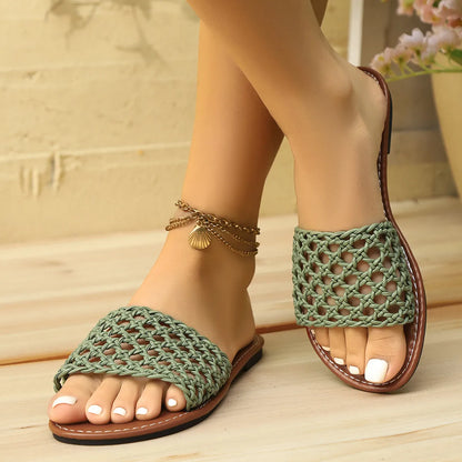 Damen Mesh Slippers mit Quadratzehen-Design ⎜ Bequeme Hausschuhe mit trendigem Gewebe-Muster